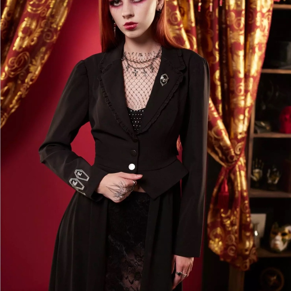 Black Tailored Blazer with Lace Cuffs and Deep V-neckline